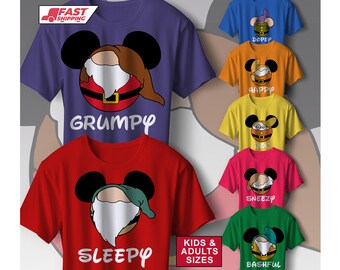 Seven Dwarfs T-Shirt, Happy Costume Funny Bashful Dopey Unisex Kids Adults Top Doc Sneezy Dopey Grumpy Happy Sleepy, Fancy dress t shirts.