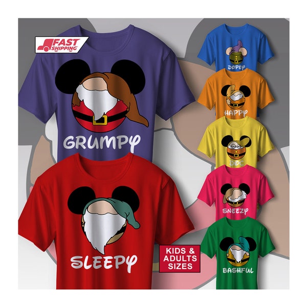 Seven Dwarfs T-Shirt, Happy Costume Funny Bashful Dopey Unisex Kids Adults Top Doc Sneezy Dopey Grumpy Happy Sleepy, Fancy dress t shirts.