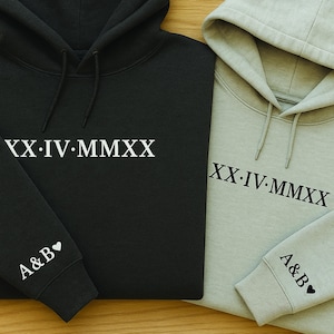 Roman Numeral Embroidered Matching Hoodie, Custom Initials With Heart Sleeve Jumper, Custom Anniversary Date Couple Hoodies, Boyfriend Gift