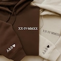 Roman Numeral Embroidered Matching Hoodie, Custom Initials With Heart Sleeve Jumper, Boyfriend Gift, Custom Anniversary Date Couple Hoodies
