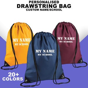 Personalised School Name Bag with Name, Custom Printed School Bag, School Name Drawstring Bag, Name & School Sack, Custom School Bag