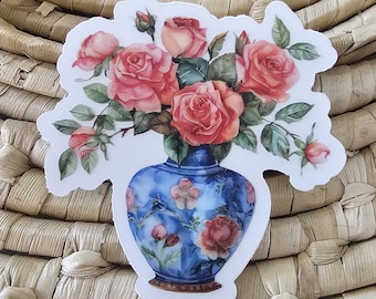 Floral vase sticker, clear decal for water bottle, chinoiserie sticker