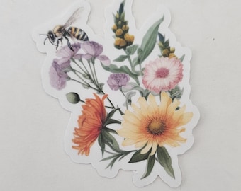 Flower sticker with bee, floral decal, laptop sticker