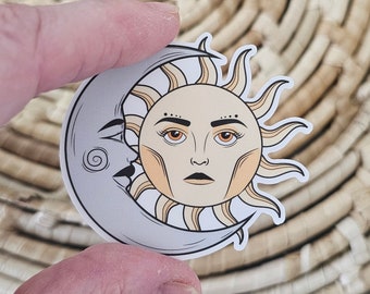Boho Sun and Moon Sticker, Water Resistant, Matte Laminate