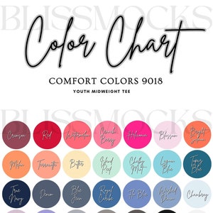 Tabla de colores Comfort Colors, tabla de colores 9018, maqueta 9018, maqueta juvenil Comfort Colors, impresión a pedido, venta en toda la tienda, tabla de colores de camisetas