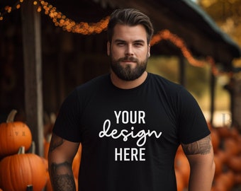 Bella Canvas 3001 Mockup, Plus Size Male Model, Fall Black T-Shirt (JPG)