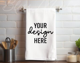 White Tea Towel Mockup: Linen Flatlay, Kitchen Decor (JPG Digital Download)