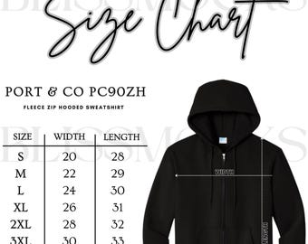 Port & Company PC90ZH Size Chart: Fleece Zip Hoodie (JPG Digital Download)