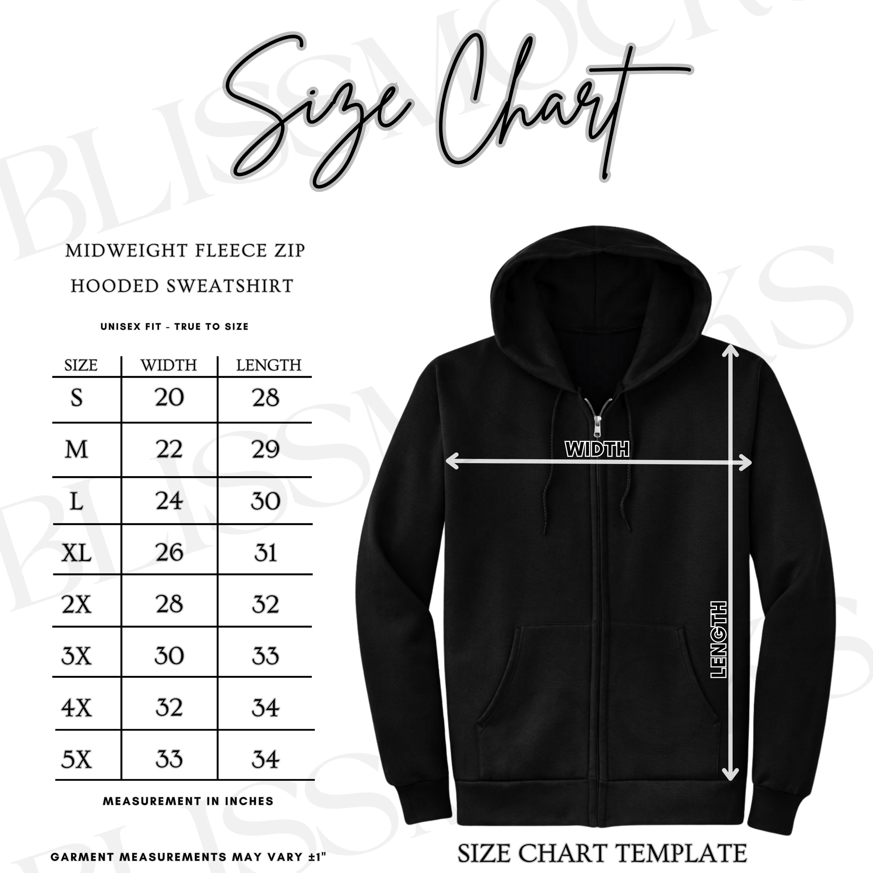 Zip up Hoodie Size Chart - Etsy Canada