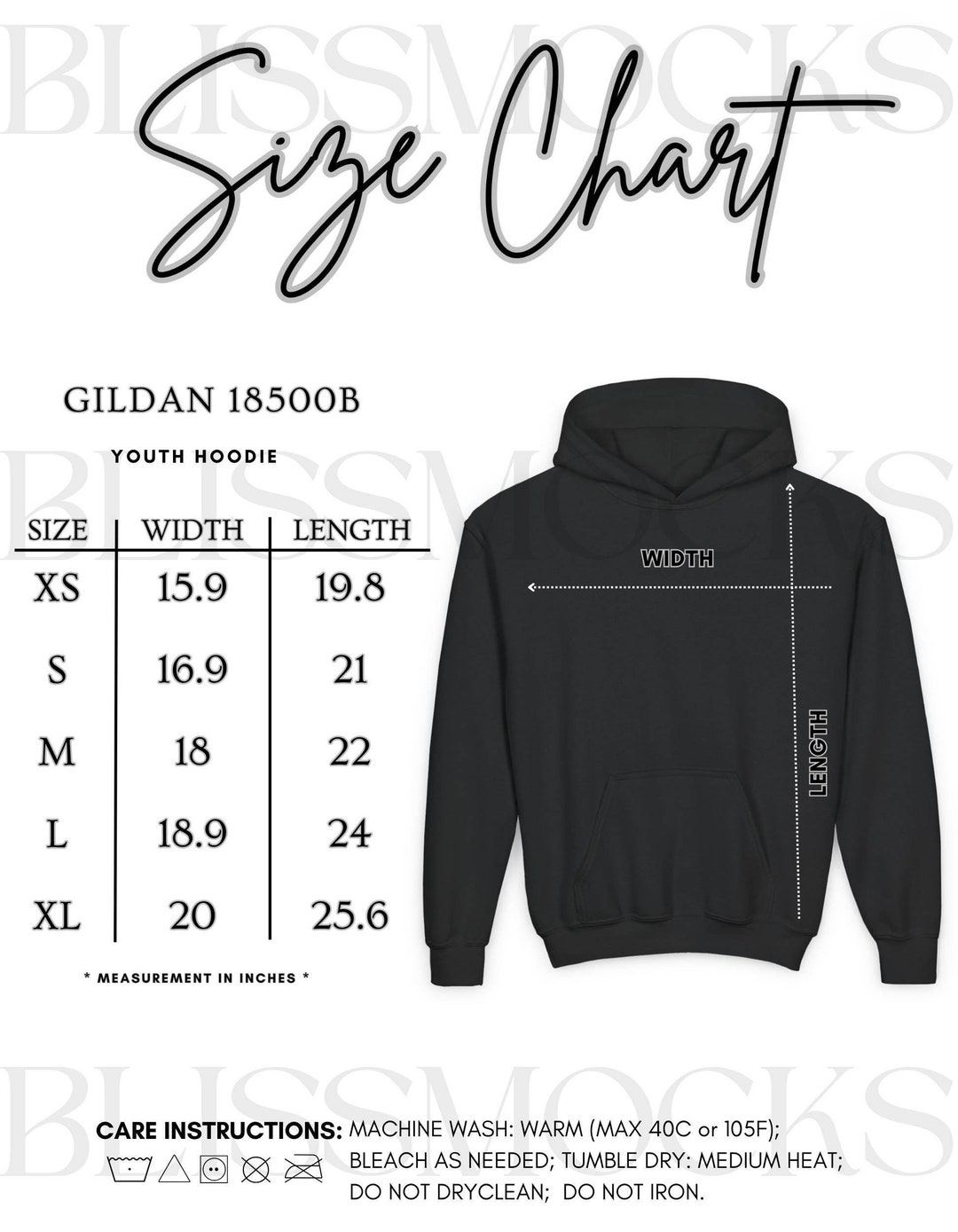 Gildan 18500b Youth Size Chart, Kids Hoodie Size Guide, Flat Lay Design