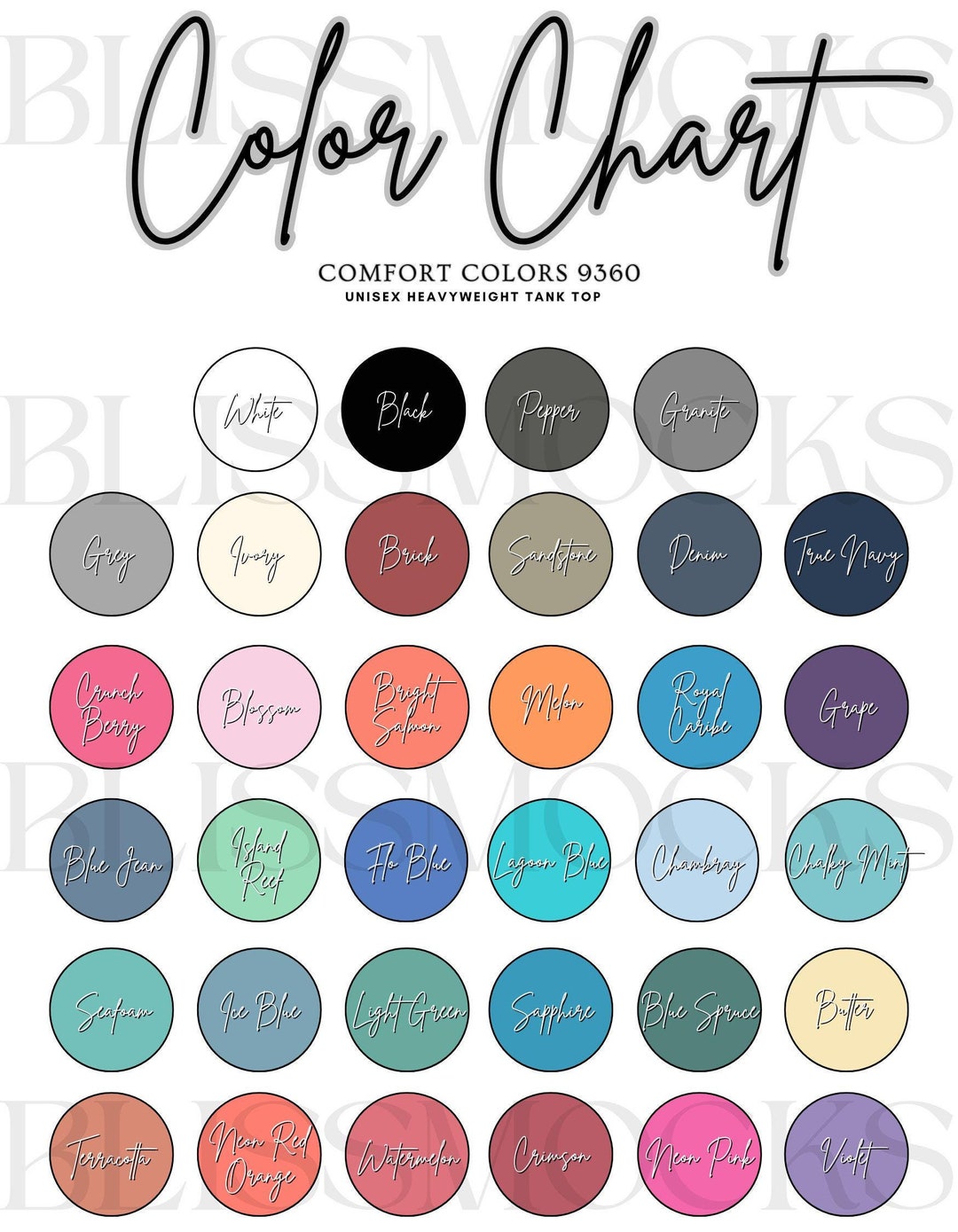 Tabela de cores Comfort Colors, Tabela de cores 9360, Mockup 9360 ...