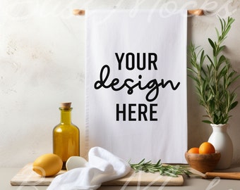 Blank Tea Towel Mockup: Lifestyle Kitchen Scene (JPG)