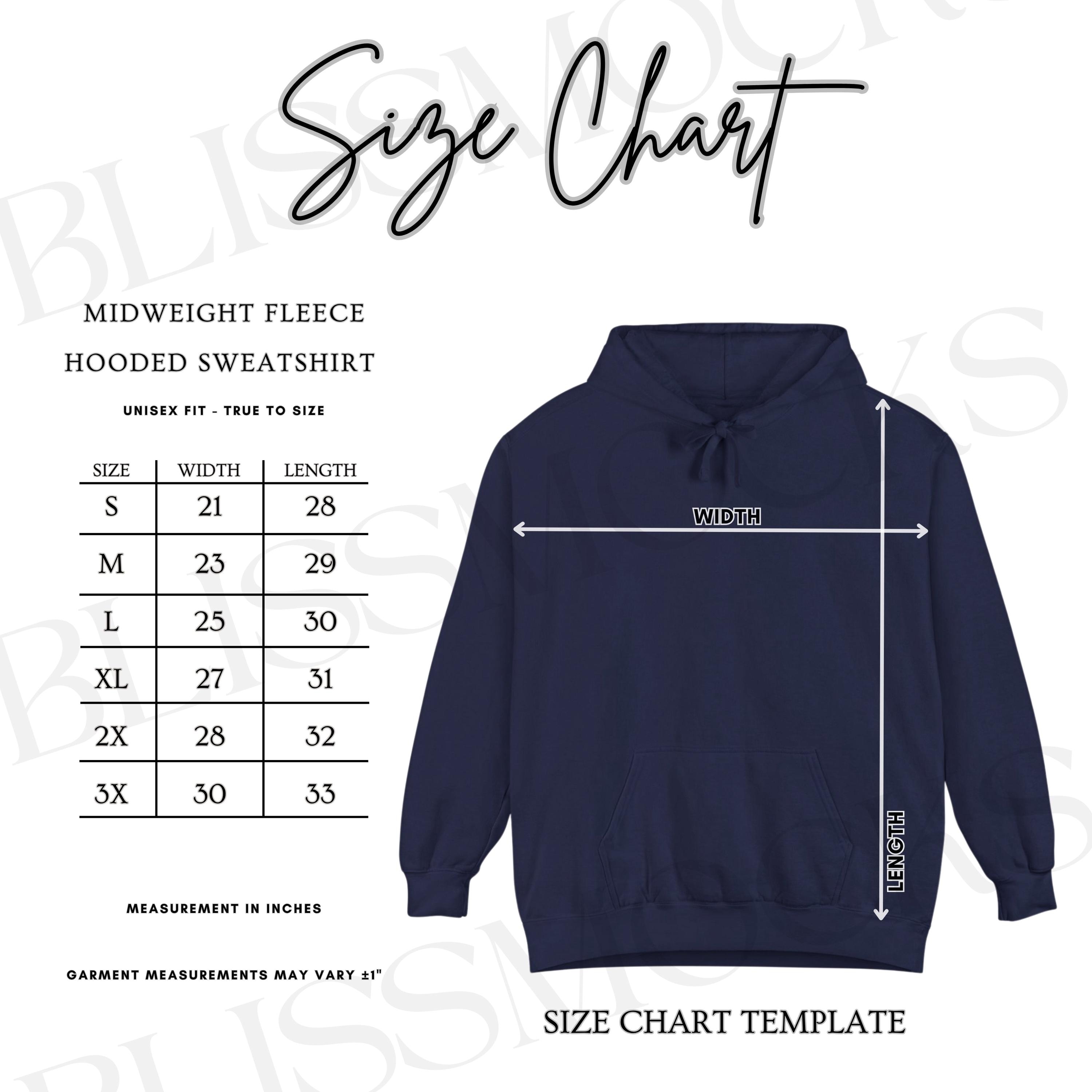 Navy Hoodie Size Chart, Midweight Hooded Sweatshirt Sizing Guide