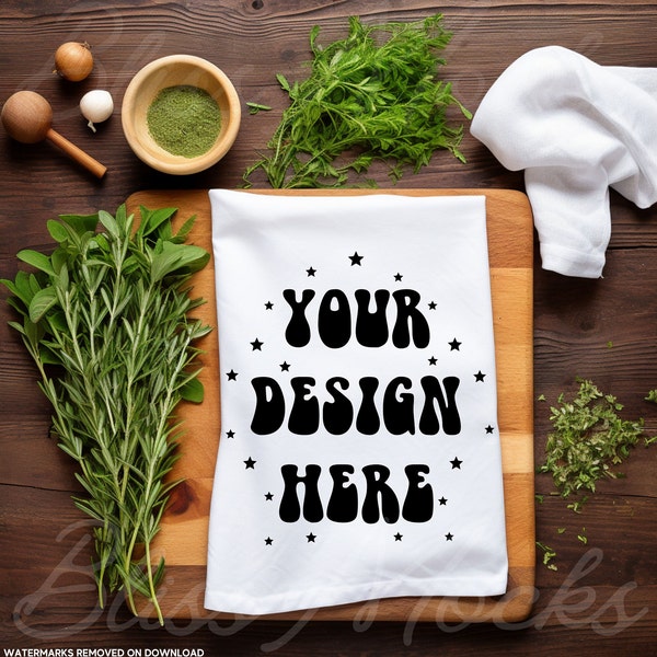 Custom Kitchen Towel Mockup: Bring your tea towel design to life with this high quality, rustic theme  mock up template For Print On Demand!
