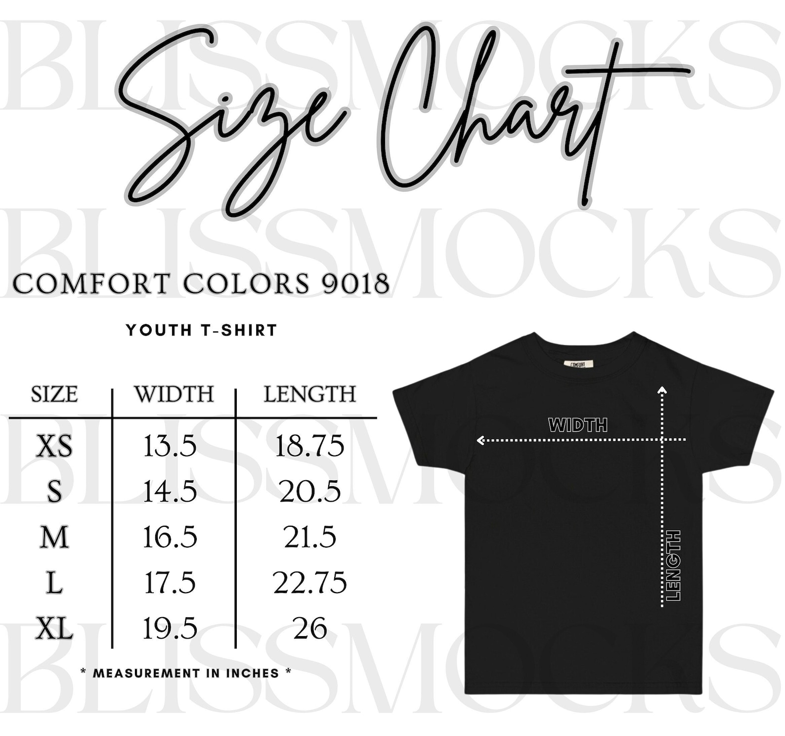 Comfort Colors Youth Size Chart, 9018 Size Chart, 9018 Mockup, Flat Lay