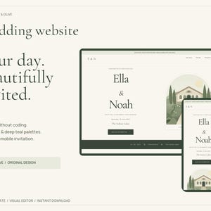 May include: A digital wedding website template displayed on a desktop monitor and a smartphone screen. The interface features the names Ella & Noah, a house illustration, and text including Wedding website, Your day. Beautifully invited.