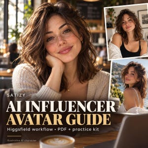 May include: A digital guide titled SATIZY AI INFLUENCER AVATAR GUIDE featuring a Higgsfield workflow, PDF, and practice kit. The cover displays three images of a person with shoulder-length brown hair and a coffee cup in the foreground.