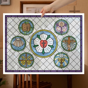 Diseño de vitrales de la rosa luterana y pequeños símbolos del catecismo - Póster - 18" x 24"