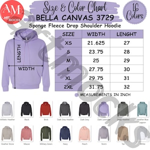 Bella Canvas 3729 Carta de tallas y colores de sudadera con capucha, Carta de tallas de colores 3729, Sin carta editable