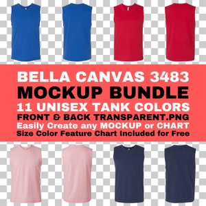 Bella Canvas 3483 Maqueta de paquete Camiseta unisex sin mangas con músculos delanteros y traseros PNG transparente BC3483 Tabla de características de tamaño y color incluida de forma gratuita