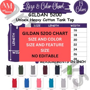 Paquete de 3 camisetas sin mangas de algodón grueso unisex Gildan 5200 Chart, tallas, colores y características, no editables