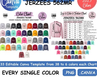 Jerzees 562MR Sweatshirt Mockup Bundle: Editable Color & Size Chart (Canva Template)