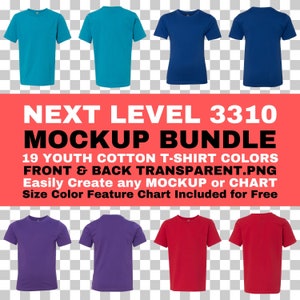 May include: A mockup bundle of 19 youth cotton t-shirts in various colors. The shirts are shown in front and back views, with a transparent background. The text "NEXT LEVEL 3310 MOCKUP BUNDLE" is displayed at the top of the image. The text "19 YOUTH COTTON T-SHIRT COLORS FRONT & BACK TRANSPARENT.PNG Easily Create any MOCKUP or CHART Size Color Feature Chart Included for Free" is displayed below the image.