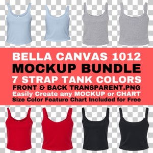 Bella Canvas 1012 Mockup Bundle Camiseta sin mangas con tirantes finos y microcanales para mujer, parte delantera y trasera PNG transparente BC1010 Tamaño Color Tabla de características Gratis
