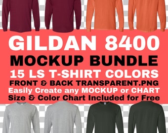 Gildan 8400 Long Sleeve T-Shirt Mockup Bundle: Front & Back (PNG, Color Chart)