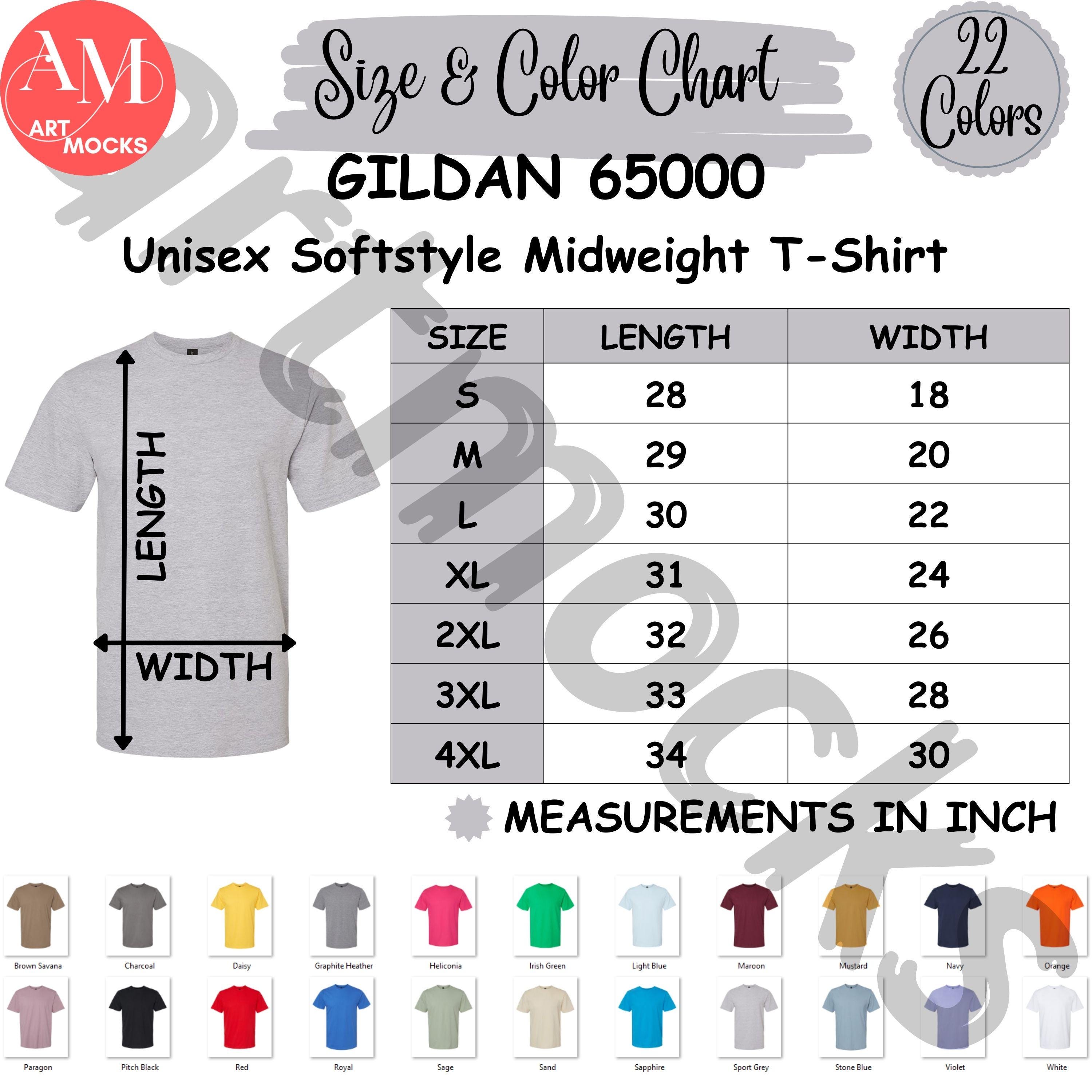 Gildan 65000 T-shirt Size and Color Chart (JPG Digital Download