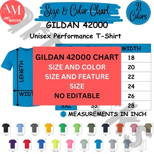 Paquete de gráficos de camisetas Gildan 42000, camisetas unisex de alto rendimiento, gráficos de colores, tamaños y características, 3 gráficos, gráfico no editable