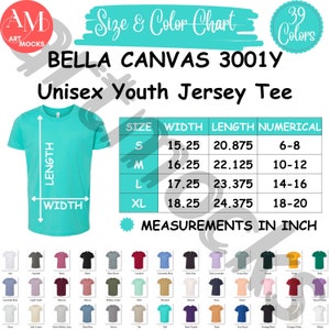 Tabla de tallas y colores de camisetas unisex para jóvenes Bella Canvas 3001Y, tabla de tallas y colores BC 3001Y, tabla no editable