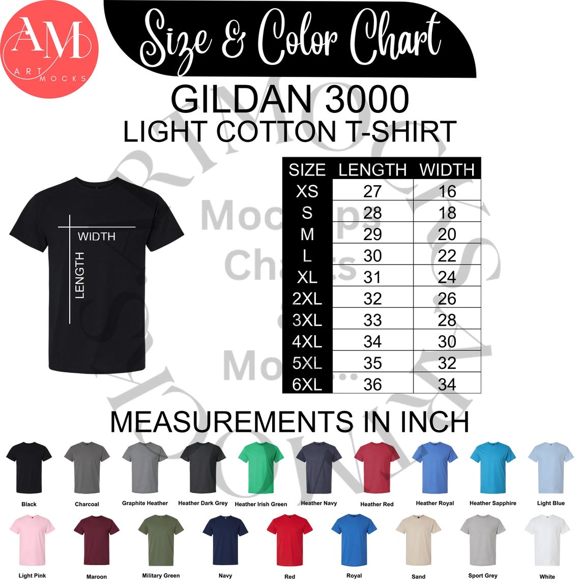 Gildan 3000 Size Chart Bundle: Light Cotton T-shirt (instant Download ...