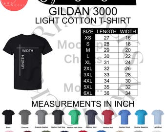 Gildan 3000 Size Chart Bundle: Light Cotton T-Shirt (Instant Download, Non-Editable JPGs)