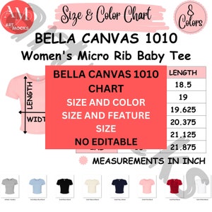 Bella Canvas 1010 - Tabla de características de tallas y colores para camisetas de mujer con microcanalé, tabla de características de tallas y colores de BC 1010, tabla no editable