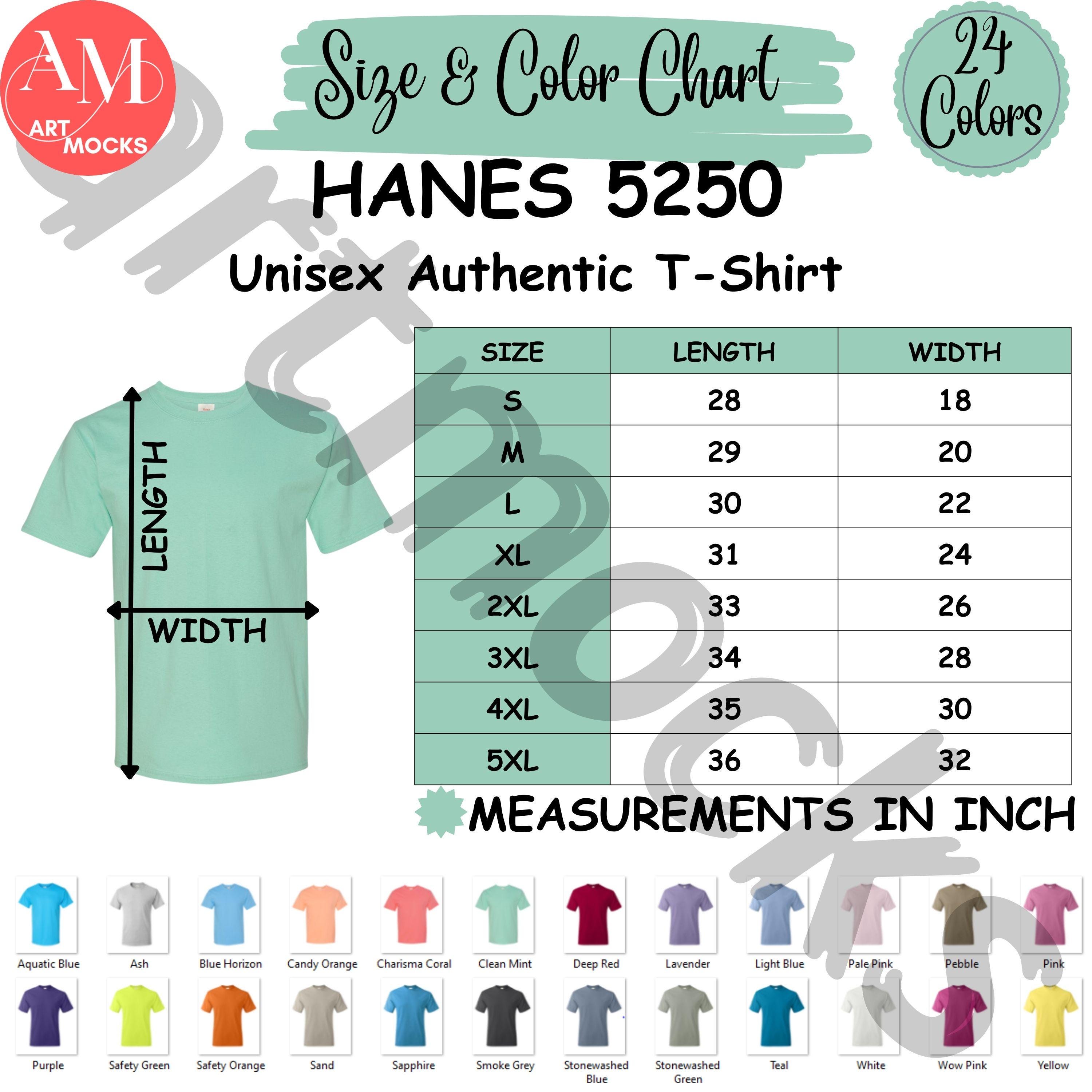 Hanes 5250 Chart Bundle Authentic T-shirt Size and Color Chart