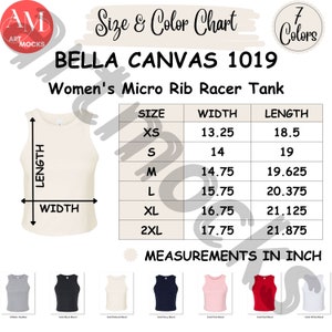 Tabla de tallas y colores de la camiseta sin mangas con microcanales Bella Canvas 1019 para mujer, tabla de tallas y colores BC 1019, tabla no editable