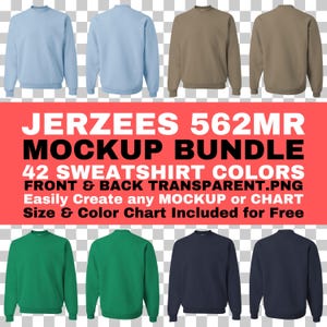 Sudadera unisex con cuello redondo Jerzees 562MR Mockup Bundle PNG transparente con parte delantera y trasera J562MR Tabla de tallas y colores - Descarga instantánea