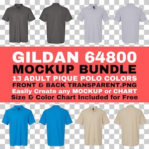 Gildan 64800 Polo Mockup Bundle: Front & Back, Size Chart (PNG Transparent) (Digital Download)