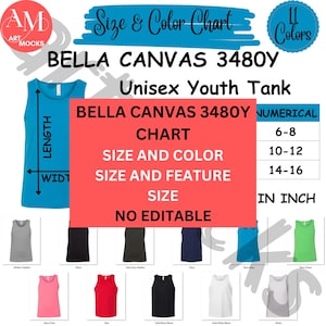 Bella Canvas  3480Y Unisex Youth Tank Size Color Feature Chart, BC3480Y Color Size Feature Chart, No Editable Chart