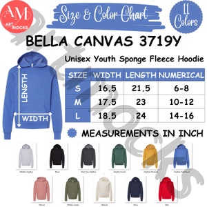Tabla de tallas y colores de sudadera con capucha de polar esponja unisex para jóvenes Bella Canvas 3719Y, tabla de tallas y colores BC3719Y, tabla no editable