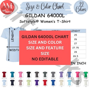 Gildan 64000L Softstyle Mulheres Camiseta Tamanho Tabela de recursos de cores, Tabela de recursos de tamanhos de cores 64000L, Sem tabela editável