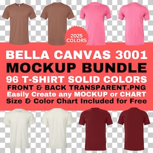 Maqueta de camiseta Bella Canvas 3001, parte delantera y trasera, PNG, fondo transparente, todos los colores sólidos, tabla de tallas y colores incluidos de forma gratuita