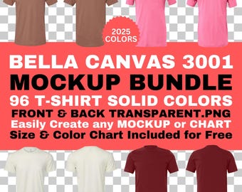 Bella Canvas 3001 Mockup Bundle: Vorder- & Rückseite PNG mit Farbkarte