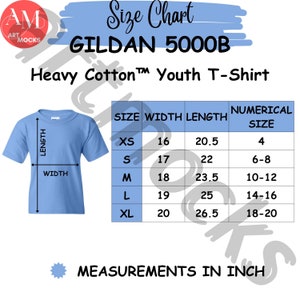 Gildan 5000B Unisex Heavy Cotton Youth T-Shirt Size Chart, G5000B Sizing Guide, No Editable Chart