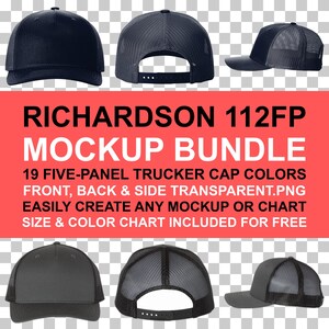 May include: A mockup bundle featuring five-panel trucker caps in various colors. The image displays front, back, and side views of the caps. Text on a red background reads "RICHARDSON 112FP MOCKUP BUNDLE" and details about the product.