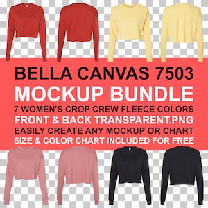 Conjunto de maquetas Bella Canvas 7503 para mujer, sudadera corta de polar con parte delantera y trasera PNG con fondo transparente / Tabla de colores y tallas BC7503 / Descarga instantánea