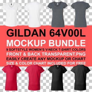 Maqueta de camiseta Gildan 64V00L para mujer con cuello en V (parte delantera y trasera) PNG con fondo transparente / Tabla de colores de tallas G64V00L / Descarga instantánea