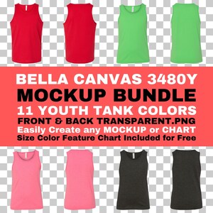 Maqueta de Bella Canvas 3480Y, paquete de camisetas sin mangas unisex para jóvenes, parte delantera y trasera, PNG, fondo transparente, BC3480Y, tamaño, color, tabla de características incluida de forma gratuita