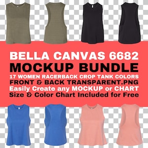 Bella Canvas 6682 Paquete de maquetas Mujer Racerback Crop Tank Parte delantera trasera PNG Fondo transparente BC6682 Tamaño Carta de colores incluida gratis